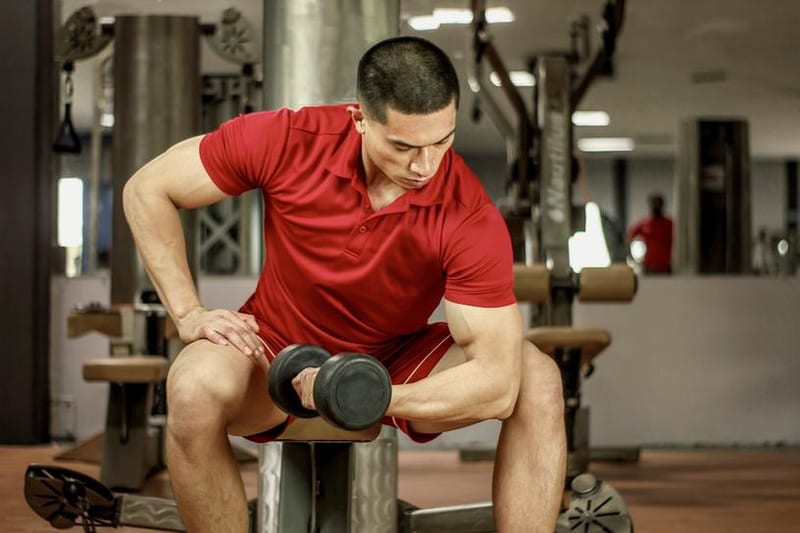 A man in a red polo shirt curls a dumbbell while seated on a bench in a gym